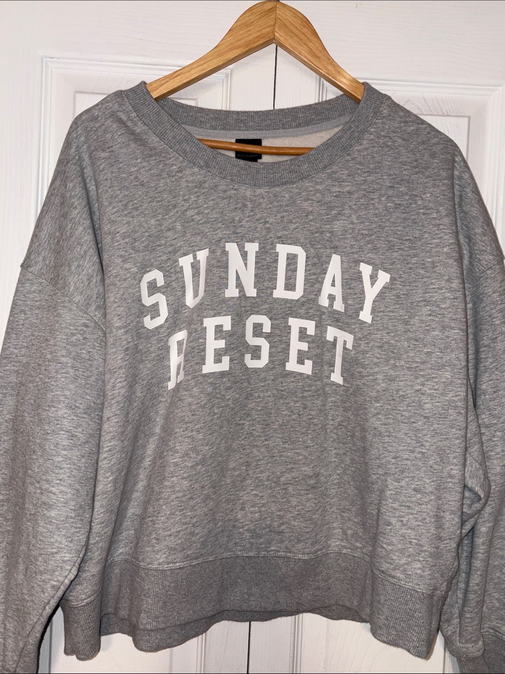 All IN MOTION Gray Crewneck Sweatshirt with White 'SUNDAY RESET' Print Size XL.